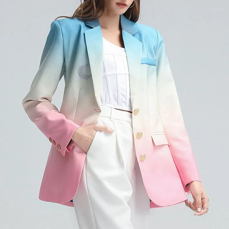 Costumes pour femmes dégradé couleur Blazers pour femmes 2022 mode dames hauts col cranté simple boutonnage lune broderie Blazer manteaux