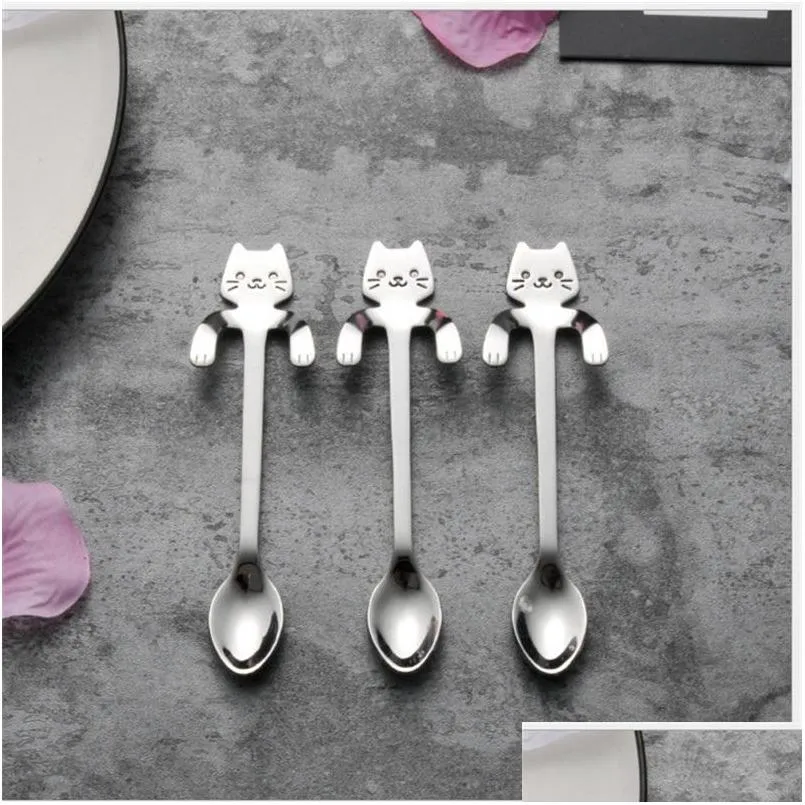 Spoons Smile Cat Pattern Spoon Hangable Handle Coffee Ladle Stainless Steel Scoop Cartoon Lovely Gold And Sier 3 5Yh C1 Drop Dhgarden Dhquc
