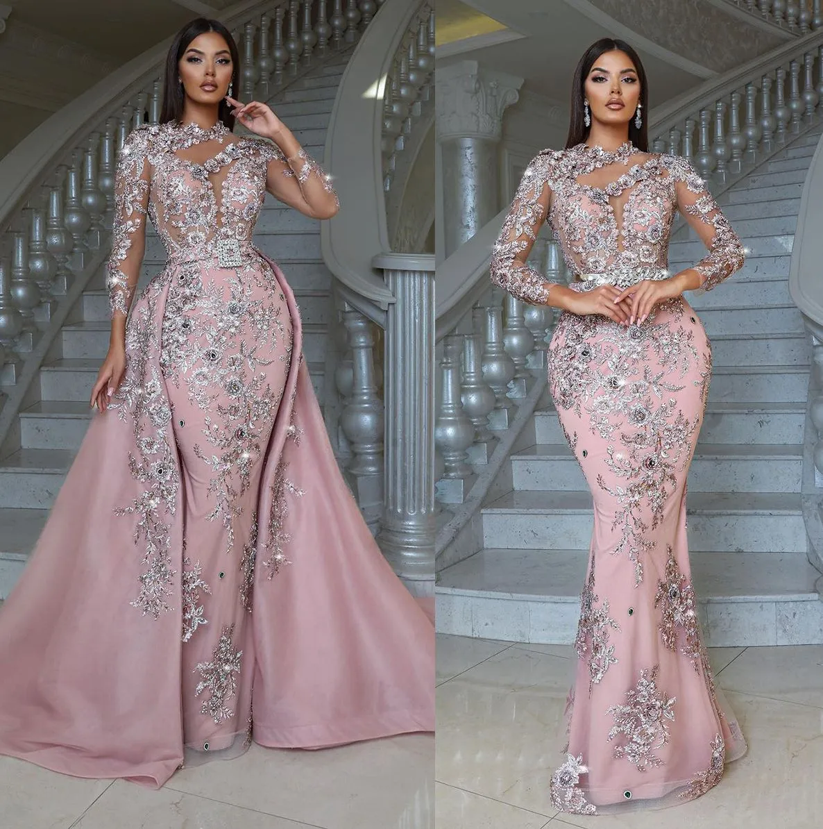 Runway Fashion Pink High Low Evening Gowns Lace Sheer Long Sleeves