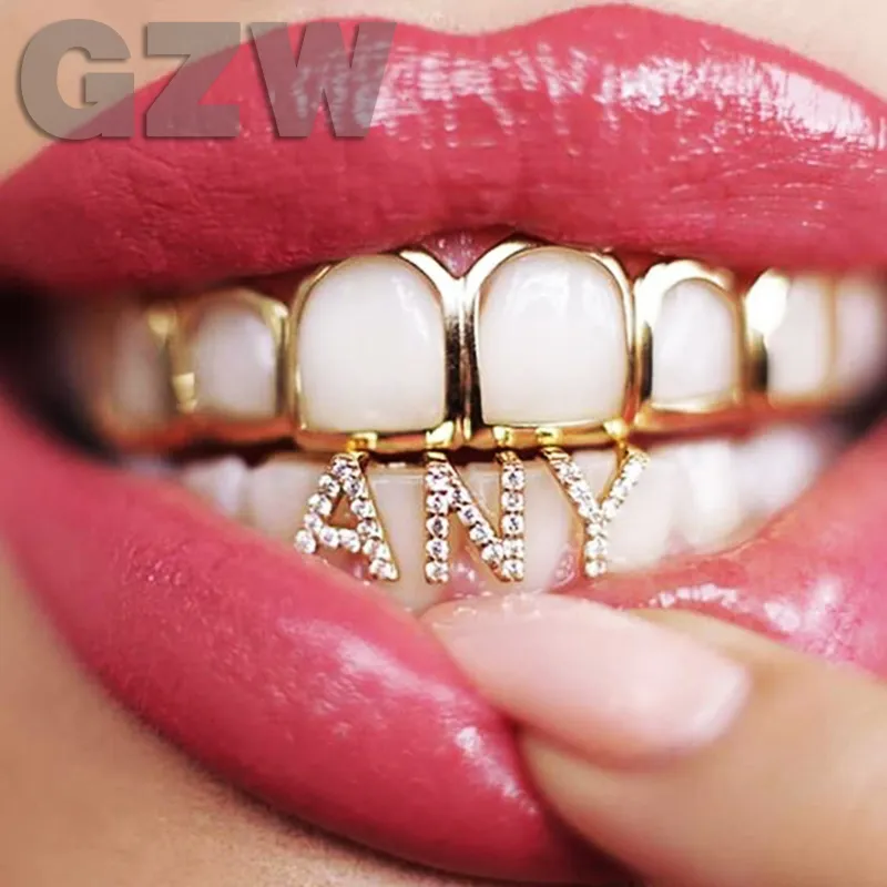 Oro bianco Iced Out A-Z Nome personalizzato Lettera Grillz Diamante pieno Cubic Zirconia Bling Denti Fai da te Zanne Griglie Fondo Dente Cap Hip Hop Single Dental Bocca Bretelle Gioielli