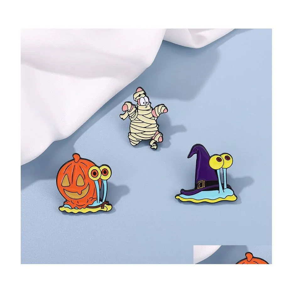 Pins Brooches European And American Halloween Series Alloy Brooch Cartoon Cute Pumpkin Snail Shape Baking Paint Badge Buckle Wholesa Dhnpg