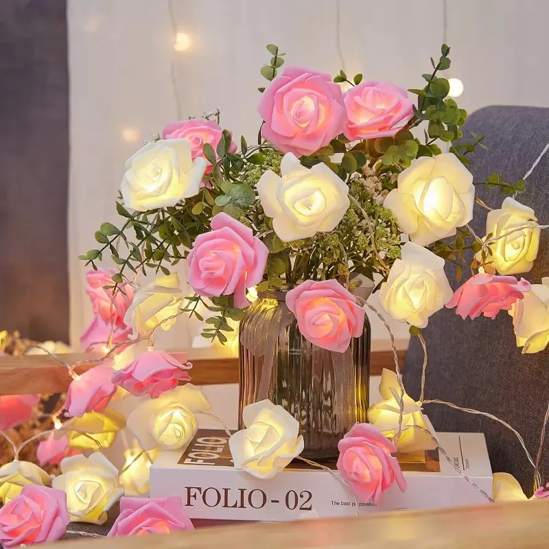 1,5 m 10Led Artificial Rose Flower Garland String Light Valentine Day Foam Rose Fairy Lights Wedding Christmas Party Decorations