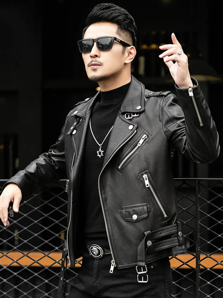 Men's Faux Leather Biker Jacket with Zipper, Turn-Down Collar