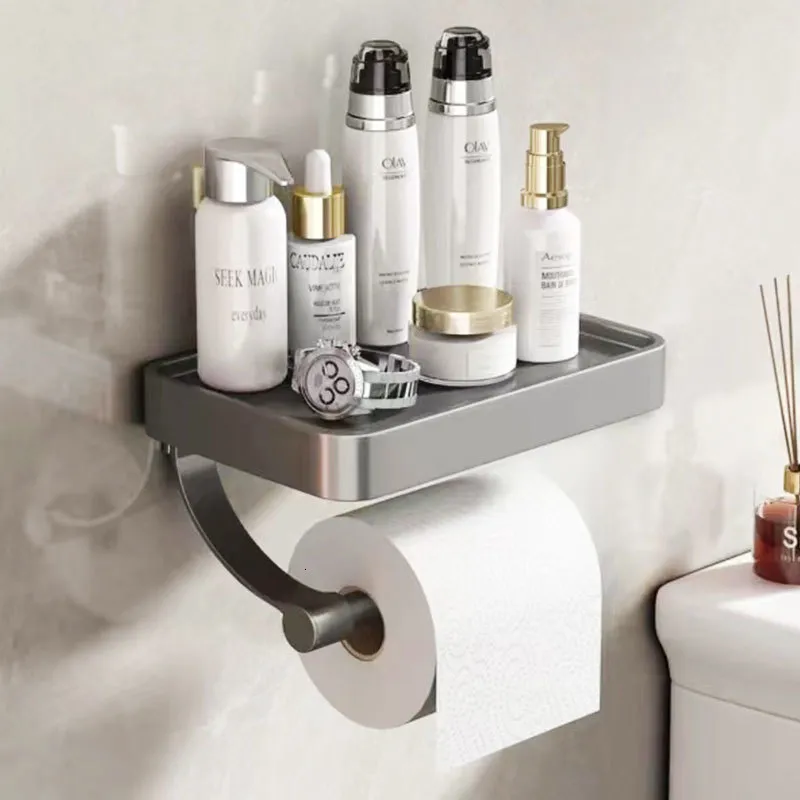 Suportes de papel higi￪nico Ponto de alum￭nio cinza sem unhas Acess￳rios para banheiros montados na parede WC Decor Storage Shelf 221201