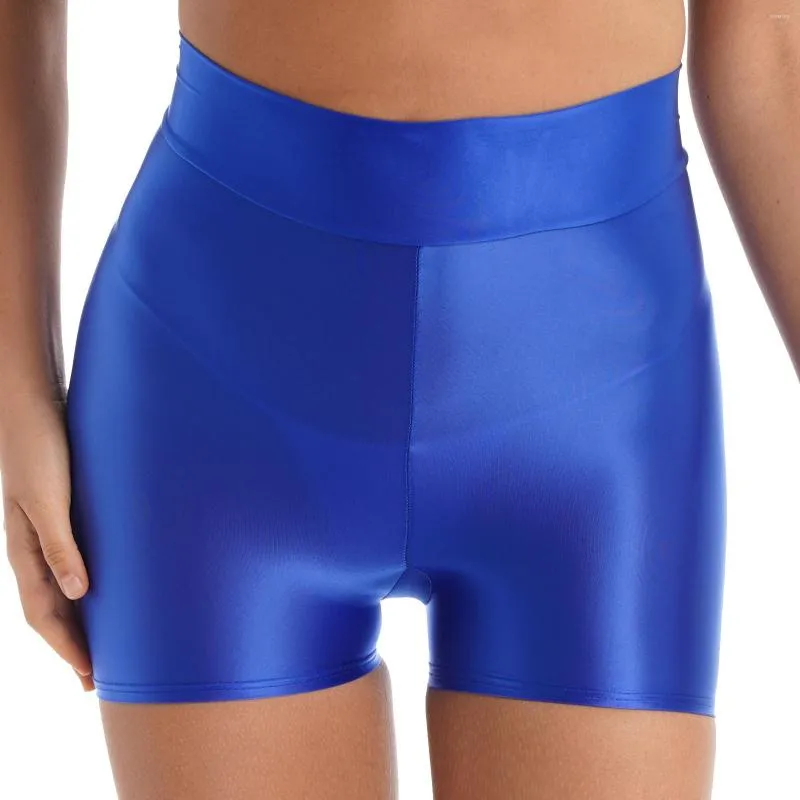 Women Smooth Glossy Shorts Mid Waist Yoga Swim Workout Stretchy Short  Leggings