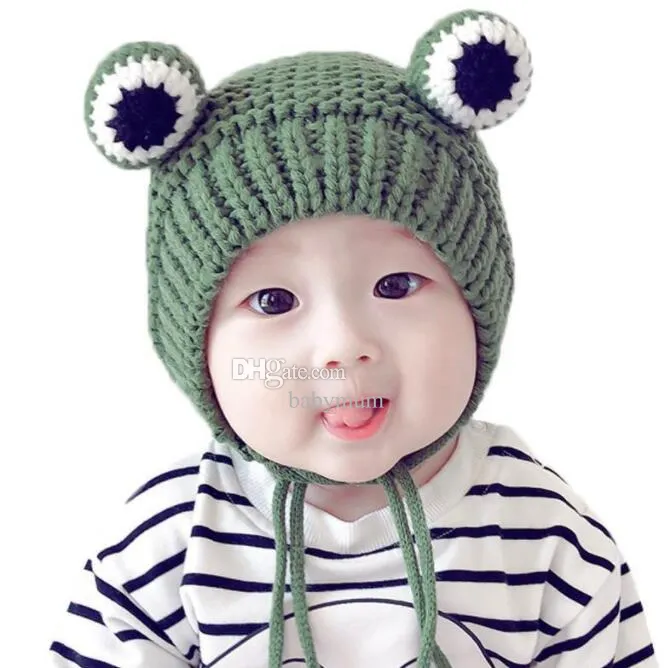 Nouvel enfant drôle tricoté au crochet dessin animé grenouille chapeau mignon polaire épais bonnet fait à la main bébé hiver chaud protection des oreilles casquette laine tricot infantile bonnets casquettes