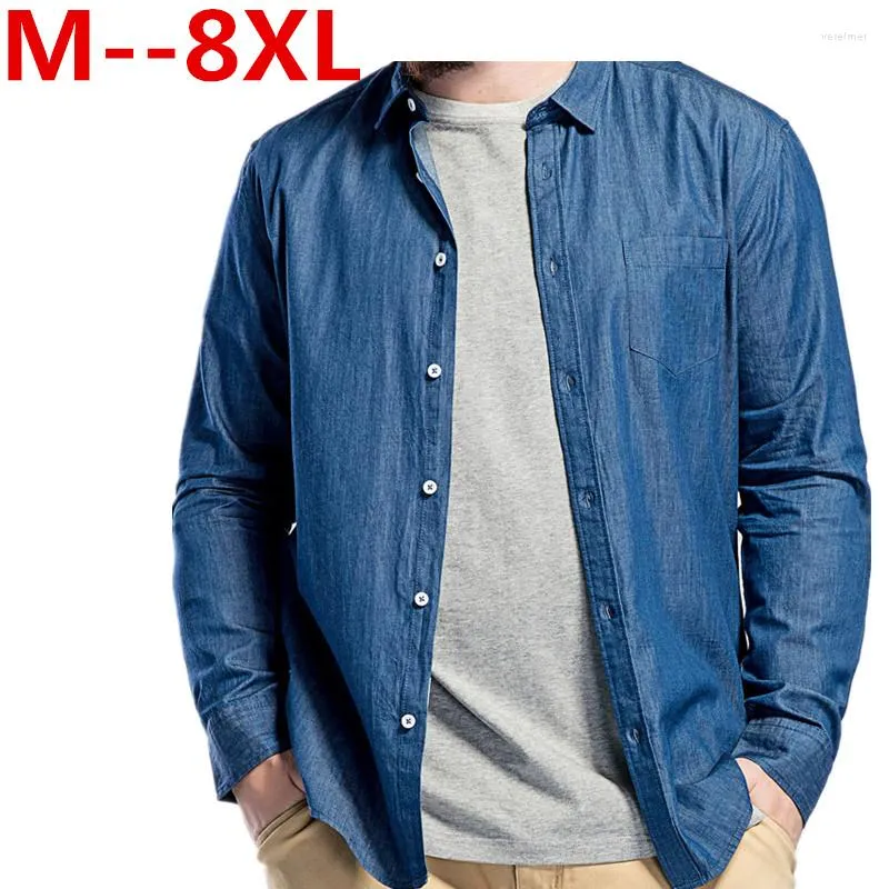 Мужские повседневные рубашки 6xl плюс размер 10xl 8xl 5xl весенняя осень мужская джинсовая ткань тонкая рубашка с длинным рукавом мягкий ватный карман с легкими упругими джинсами