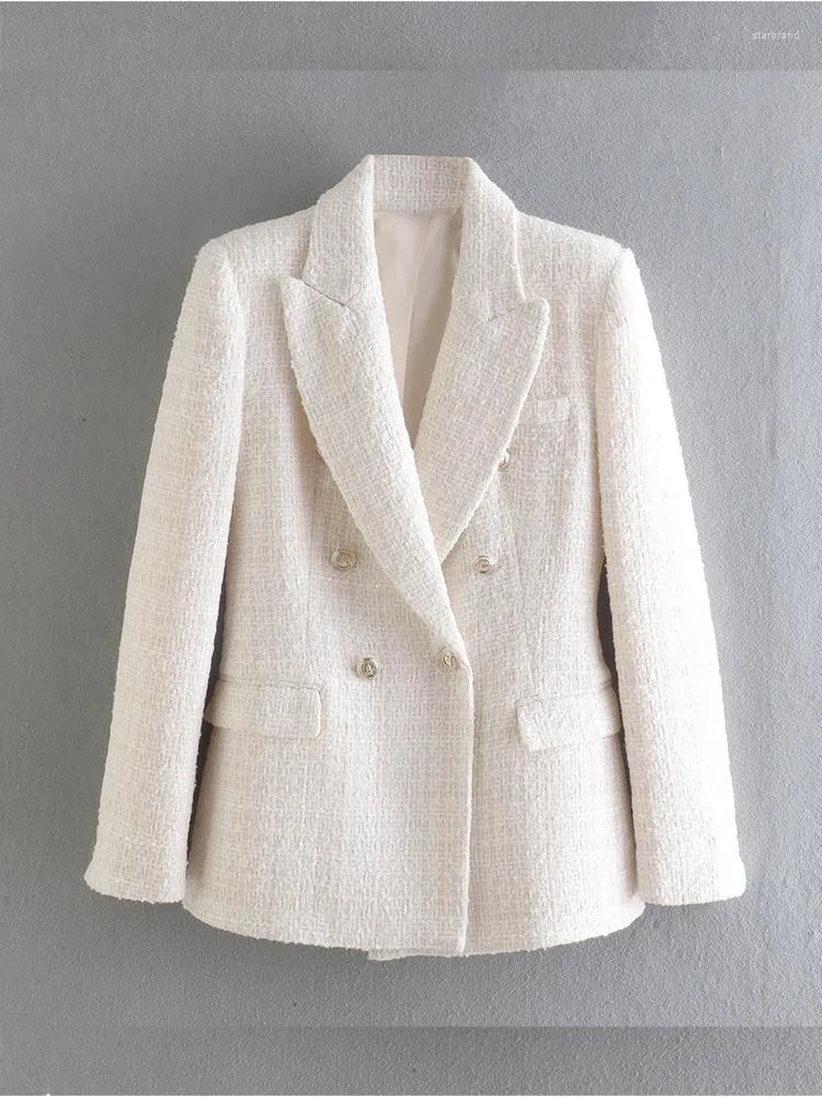 Damenanzüge Damen Frühling Jacke 2022 Mode Zweireiher Tweed Karo Blazer Mantel Vintage Langarm Taschen Weibliche Oberbekleidung
