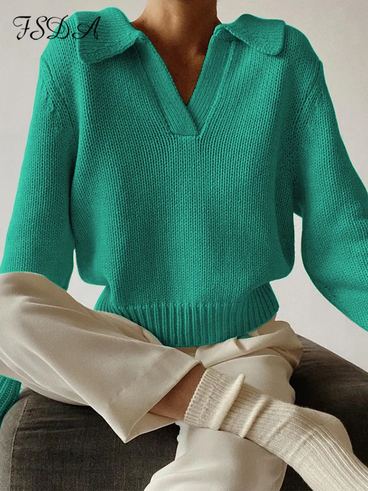 Женские свитера FSDA Зеленый свитер с длинным рукавом вязаные женщины v Nece осень зимняя модная пуловер. Случайный черный топ 221201
