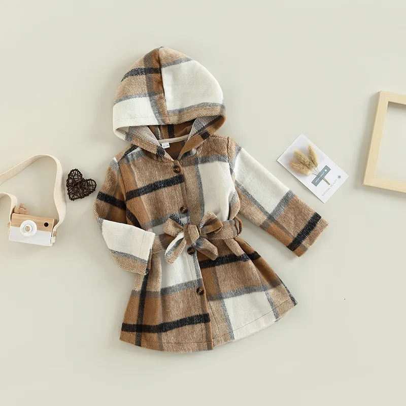 Coat Focusnorm 0 3y Autumn Winter Baby Girl Plaid Tryckt långärmad huva med en breasted jacka ytterkläder midjebälte 221130