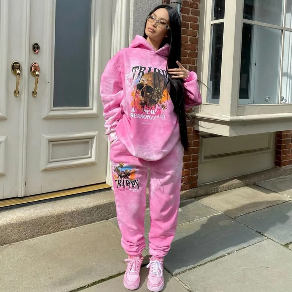 Kvinnors tvåbitar byxor Pink Tie Dye Set Tracksuit Womens Winter Topps Hoodies Hip Hop Graphic Sweatpants Stora 2xl Fashion Clothes 221130