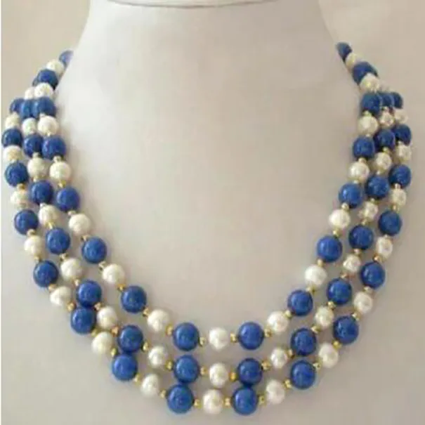 3 rader 7-8mm riktig vit pärla lapis lazuli lås kvinnor flickor fest halsband
