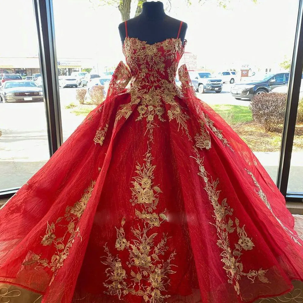 Spaghetti Strap Quinceanera Prom Dresses With Detachable Long Sleeve Glitter Ball Gown vestidos de 15 quinceanera