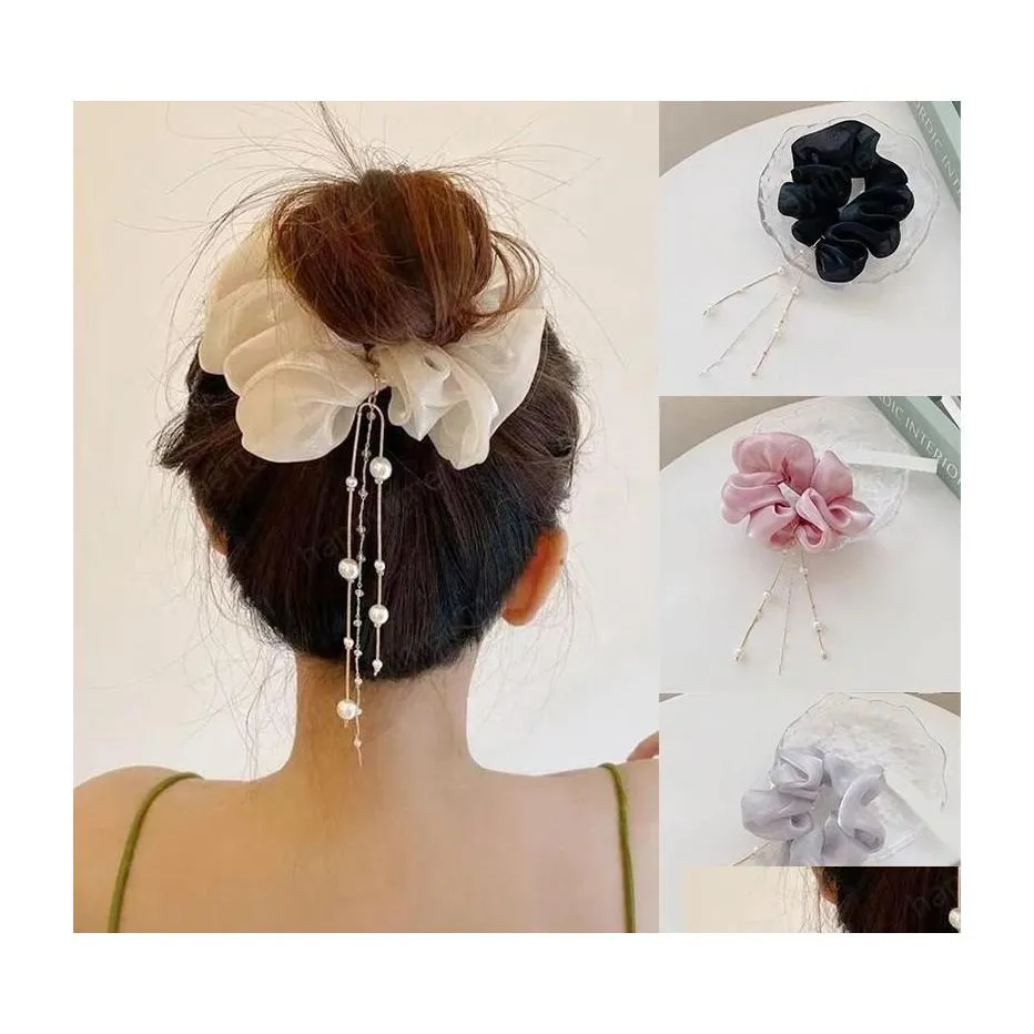 Haargummibänder Quaste Perle seidig Scrunchie elastische Haarbänder Gummi einfarbig Seil Mode Frauen Mädchen Zubehör Drop liefern Dhb0C