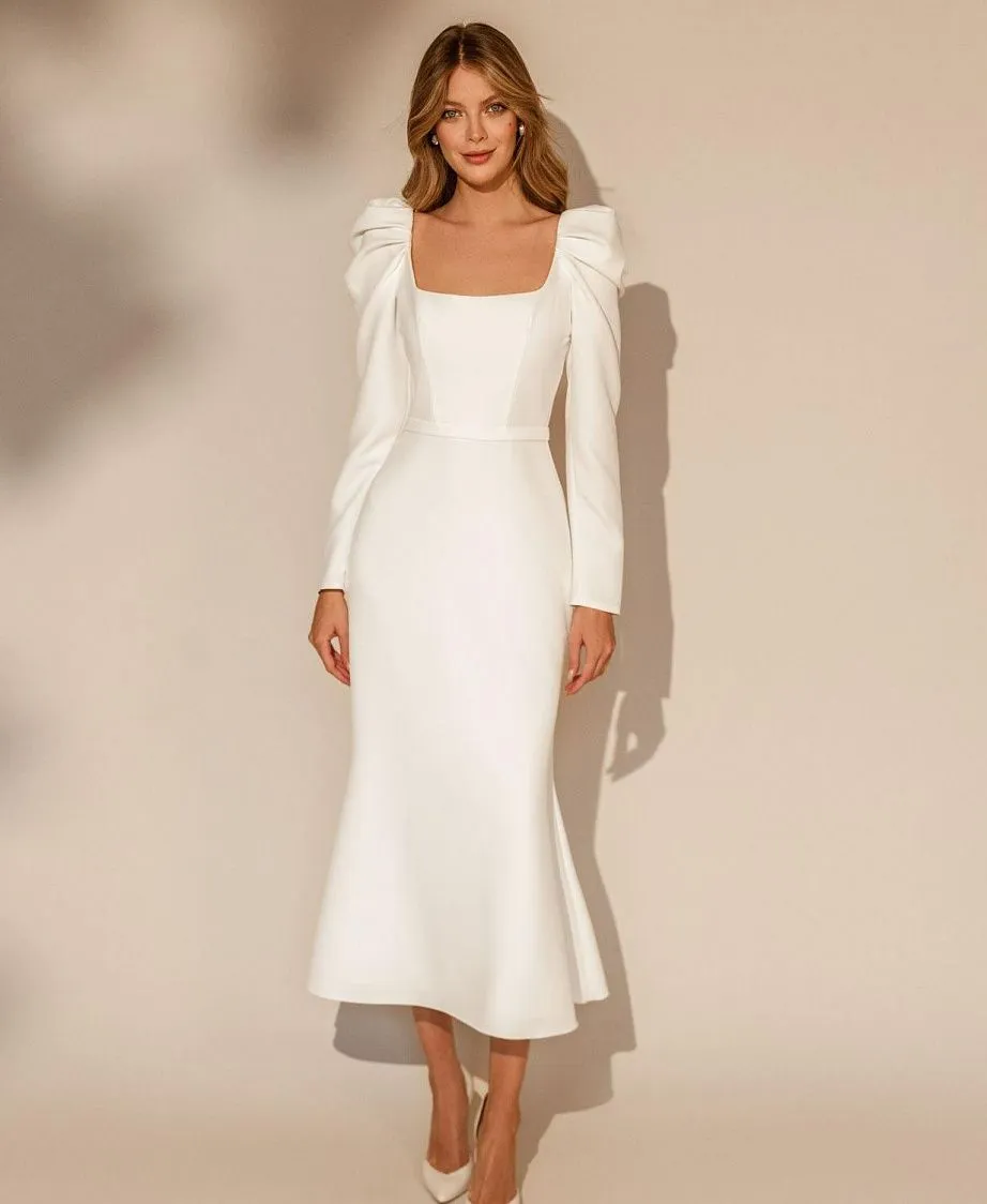 tea length mermaid wedding dress Scoop-Neck Off-Shoulder Sleeveless Beaded Tea-Length Satin Mermaid Wed Laxag
