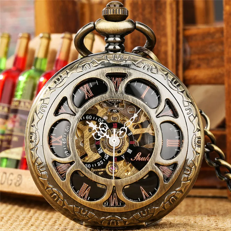 Vintage Style Pocket Watch Hollow Out Case Men's Handwinding Mechanical Watches Roman Numeral FOB Pendant Chain