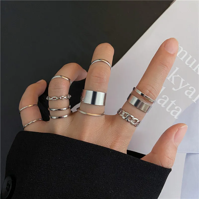 Boho Gold Color Cross Wide Rings uppsättning för kvinnor Girls Simple Chain Finger Tail Rings Smyckesgåvor Ring Kvinna