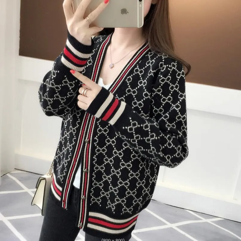 Women's SweatersFashion V-Neck Single Breasted Sweater Cardigan Spring Autumn Long Sleeve Women Vintage Knitted Jacket Trend Printing