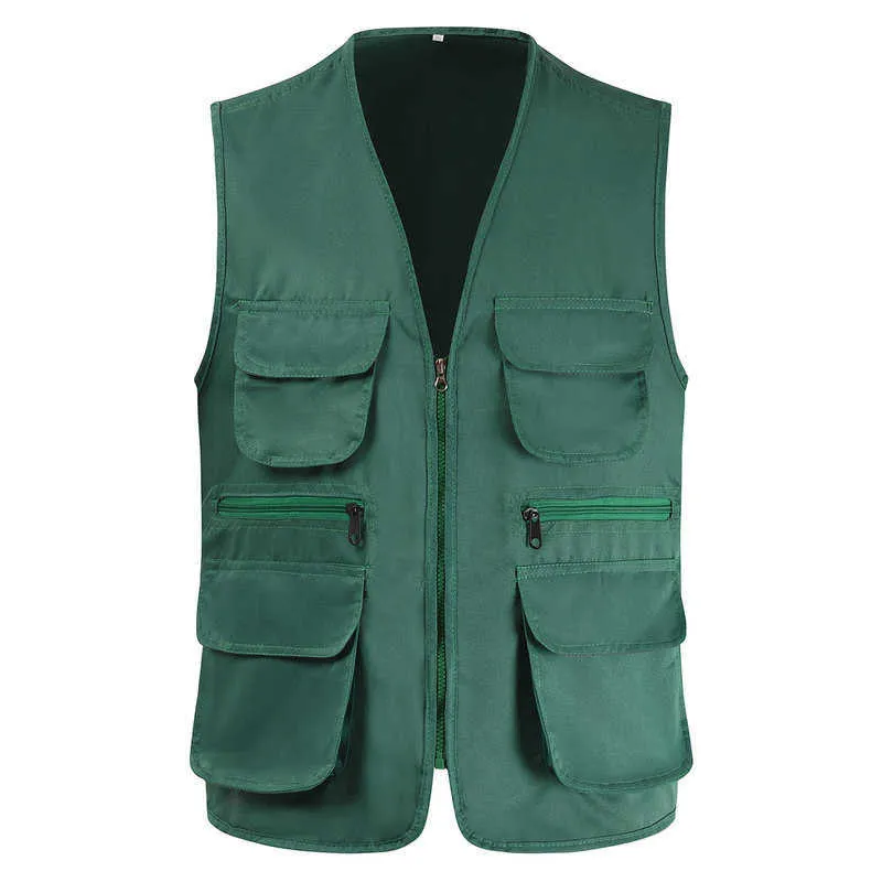 Industriell reflekterande säkerhet Vest Men Multi-Pocket Classic Waistcoat Male Sleeveless Lossing Solid Coat Work Vest Photefiske Polyester Vest Jacket