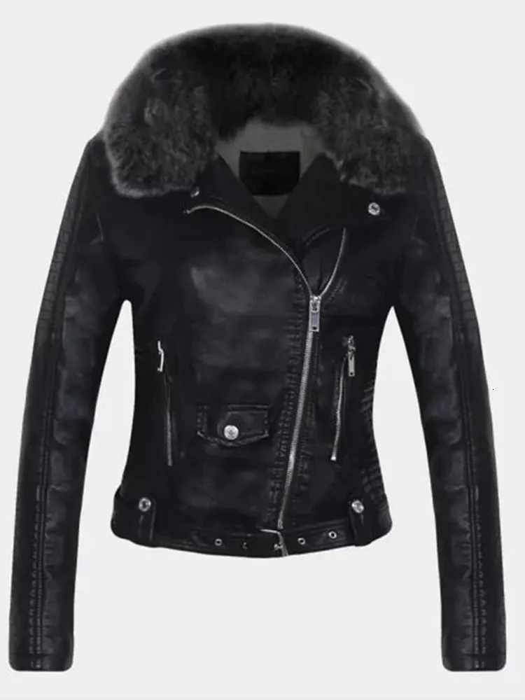 Dames s jackets ftlzz dames winter faux lederen jas warme grote bont kraag dame motorfiets pu zacht witte zwart roze jas 221130