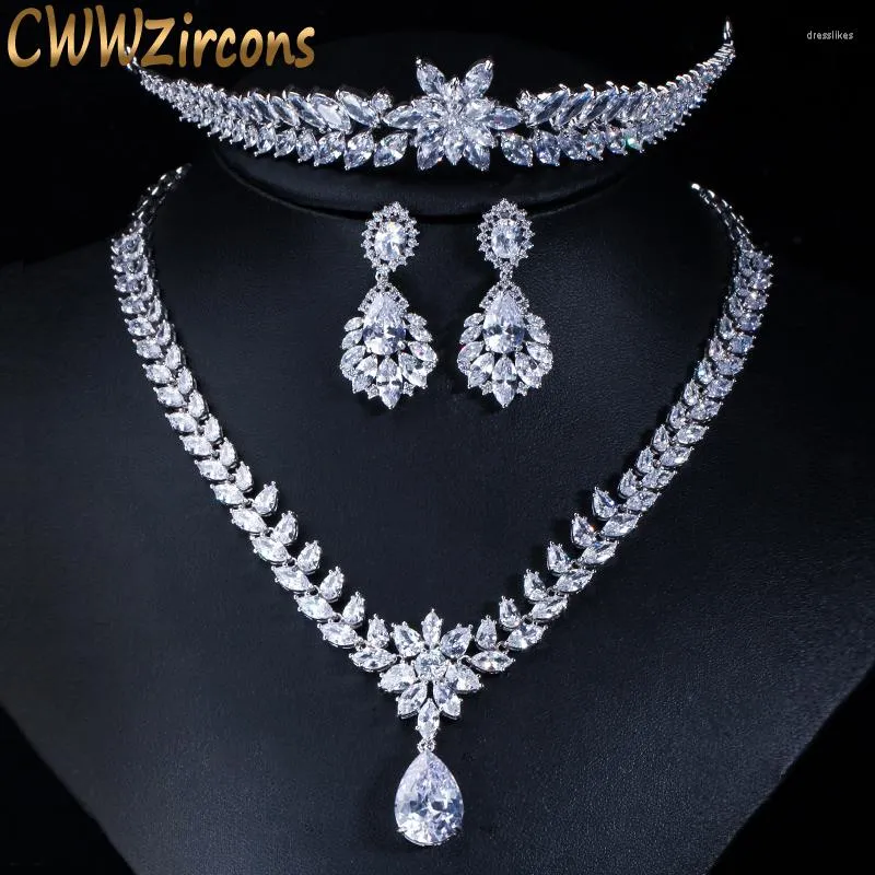 Pinzas para el cabello CWWZircons Accesorios de joyería para fiesta de boda de lujo Cubic Zirconia Collar nupcial Pendiente Tiaras y coronas Conjuntos T148