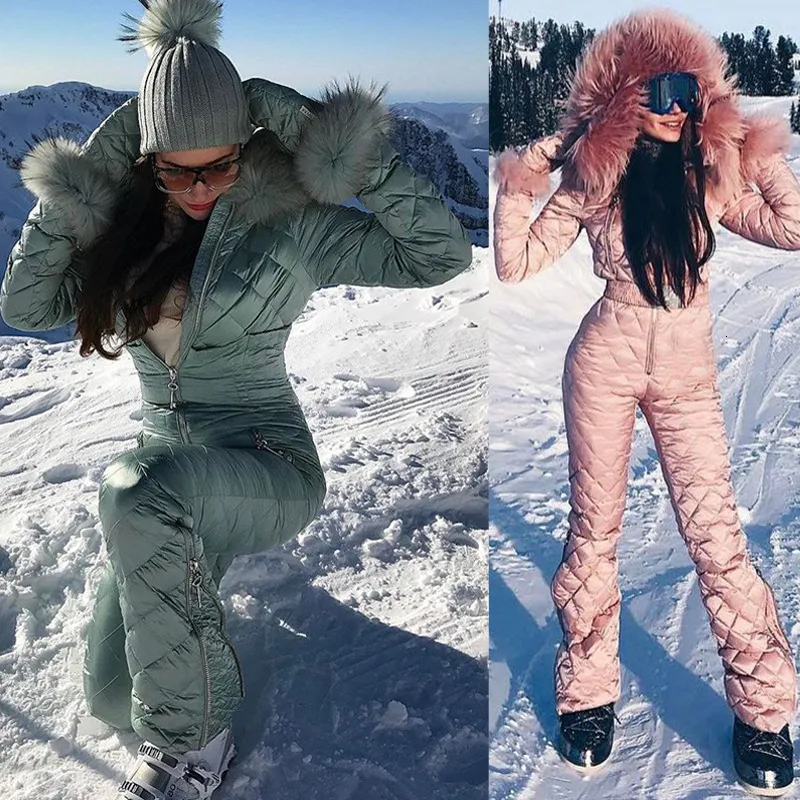 Skiing Suits Winter Outdoor Hooded Wool Collar Warm Cotton Sports Pants Bodysuit Zipper Women's 221130