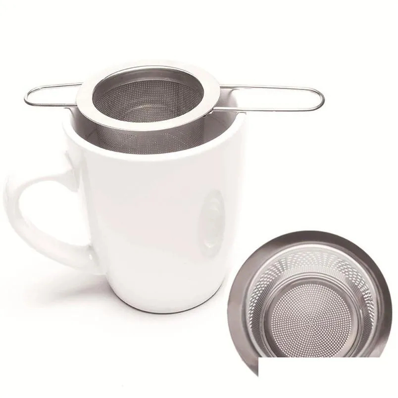 Tea Infusers Folding Double Handles Tea Infuser With Lid Stainless Steel Fine Mesh Coffee Filter Teapot Cup Hanging Loose Le Dhgarden Dhwse