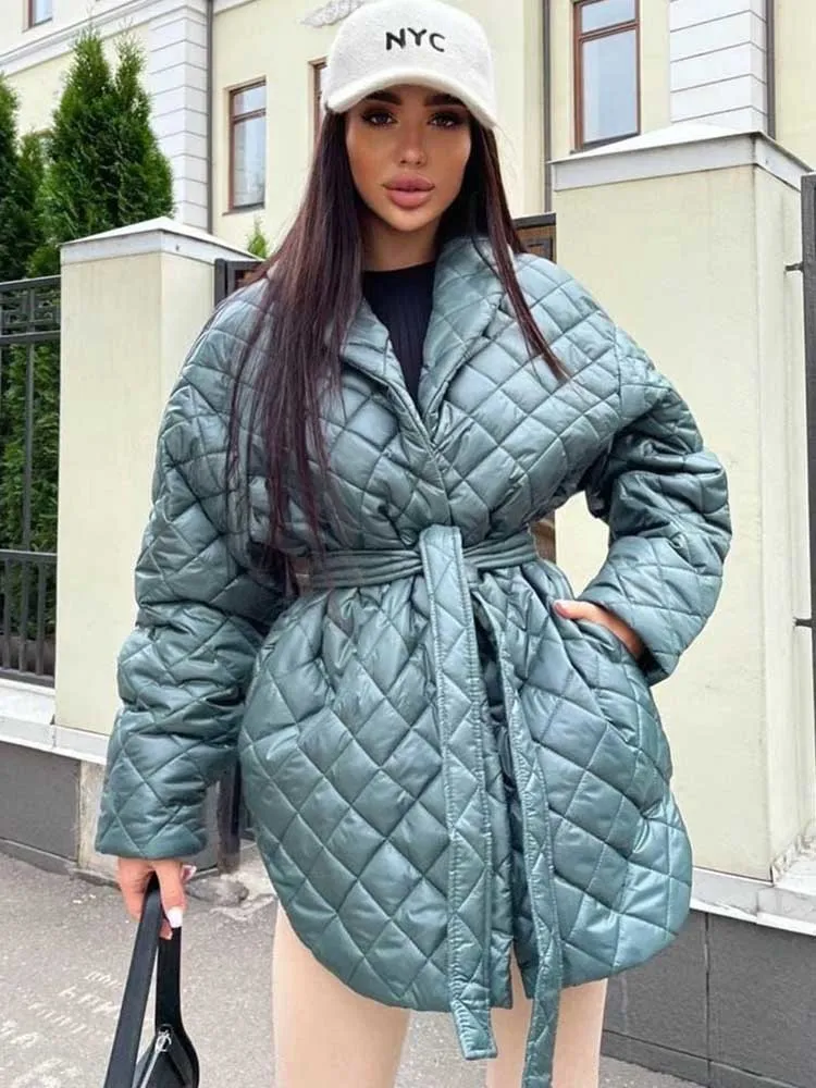 Mulheres femininas de parkas mans flemen jackets de inverno woman with rhombus padr￣o gravata cauda bandagem casacos simples design parka fadies 221201