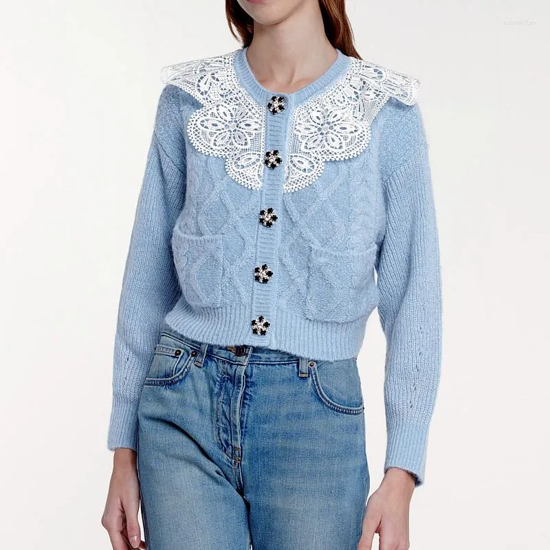 Femmes tricots 2022 pull tricoté couleur bleu clair col en dentelle boutons de forage dames Cardigan à manches longues femmes vêtements élégants