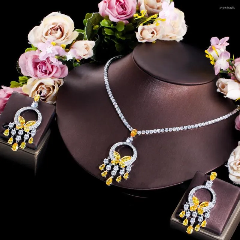 Conjunto de pendientes de collar CWWZircons Noble amarillo Zirconia cúbica piedra borla gota grande y pendiente de alta calidad mujeres fiesta de graduación joyería T026