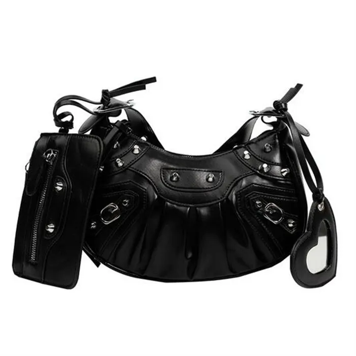 Nieuwe stijl Crescent Crosbody Body Vrouwen handtassen Purse lederen klinknagel Slagel Sluiting hartvormige spiegel gewone schouder motorfietszakken