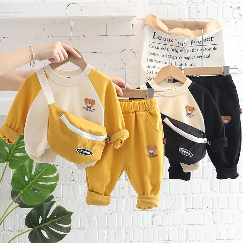 Set di abbigliamento Primavera Tuta per bambini sportiva per bambini per il tempo libero con cappuccio set ragazzo e ragazza baby black cartoon pocket orso maglione splicing 221130