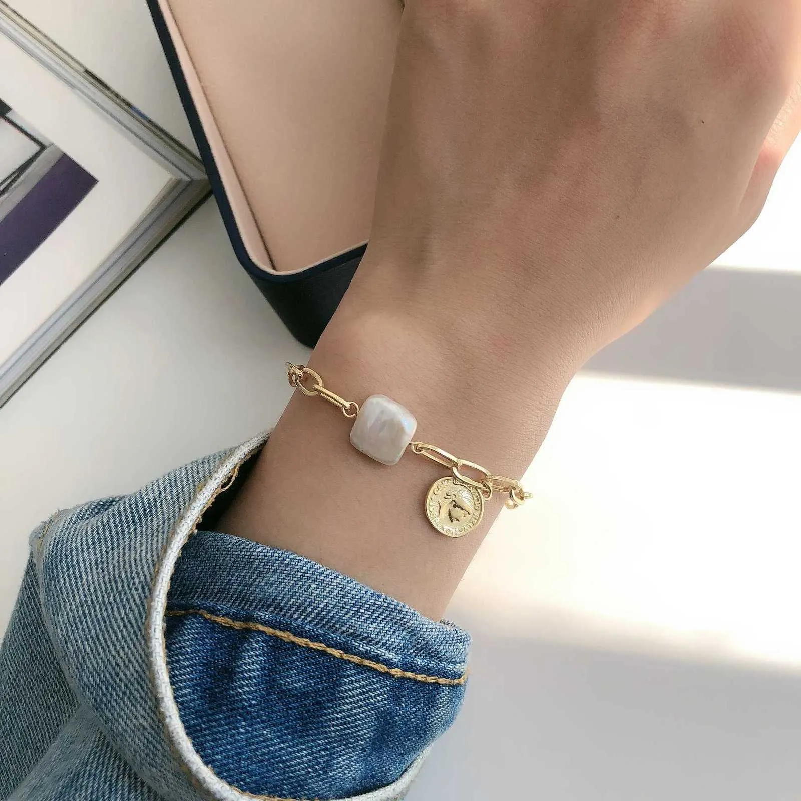 Bracelet Chain Korea Dongdaemun 925 Perfeita Sterling Silver Retrato Pearl Moda inseto de nicho Niction