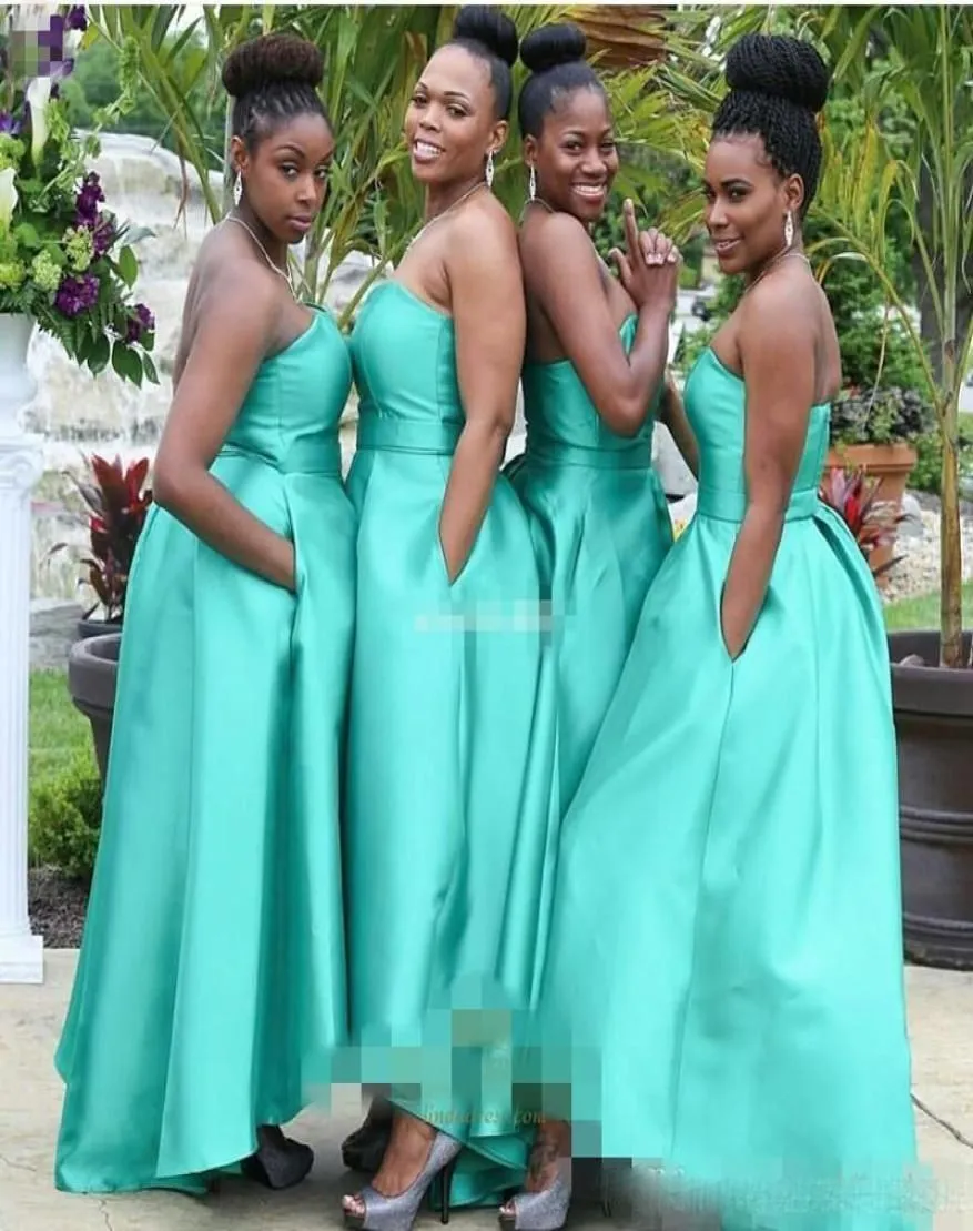 Robes de demoiselle d'honneur turquoise sans bretelles en satin avec poches longueur cheville plage grande taille robes d'invité de mariage sur mesure tenue de soirée formelle