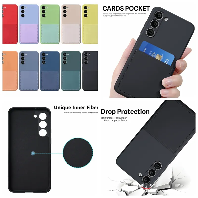 ID Card Pocket Liquid Silicone Cases For Samsung S23 Ultra Plus Note 20 S22 S21 A13 5G A23 4G A33 A53 M23 M33 M53 Soft TPU Credit Card Slot Box Phone Cover Fine Hole Back Skin