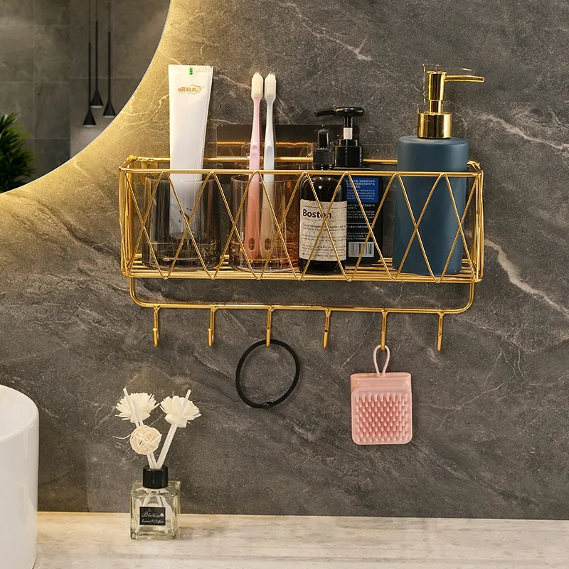 Bathroom Shelves Luxury Gold Shelf without Drilling Metal Shower Storage Basket with hook Toothbrush Shampoo Holder Accessories 221201