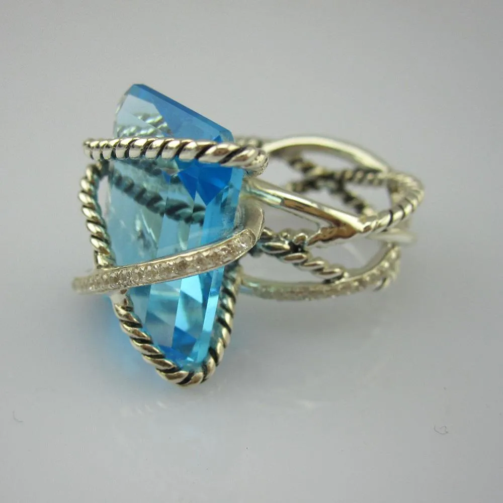 Luksusowe 925 Srebrne pierścienie 20x15 mm niebieski topaz kabel pierścienia szlachetna biżuteria Rose kwarc czarny onyksowy pierścień