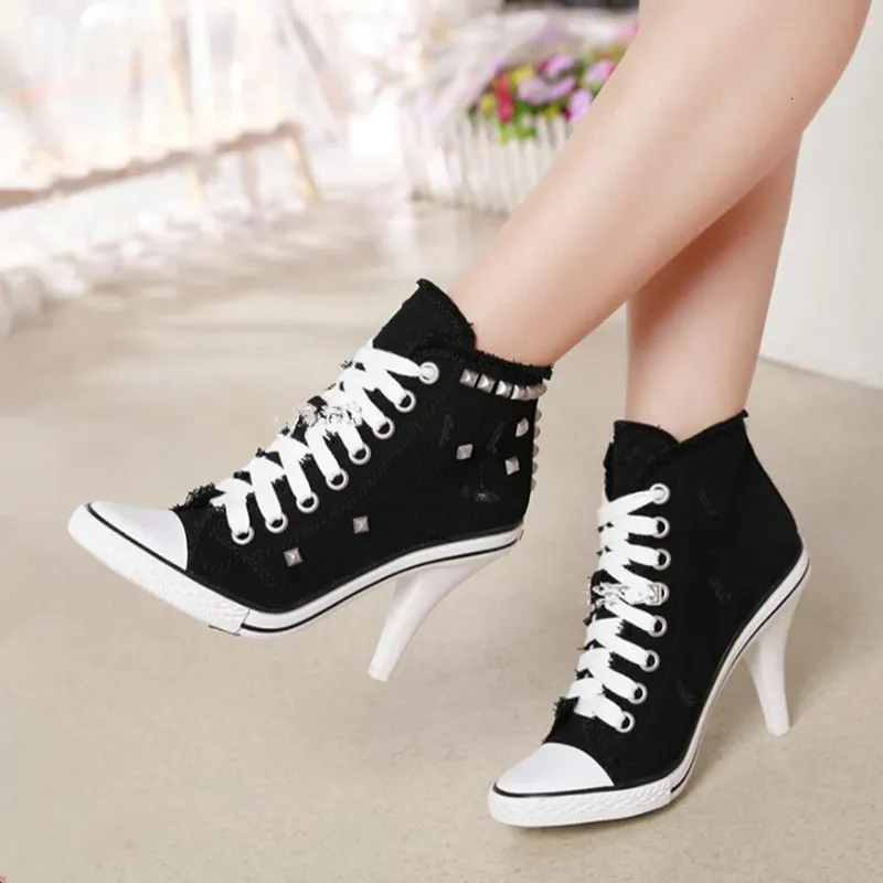 اللباس أحذية Comemore Women Canvas Denim High High Cheels Rivets Fashion Shoe Swing Sneaker S Pumps Black Blue Autumn 221130