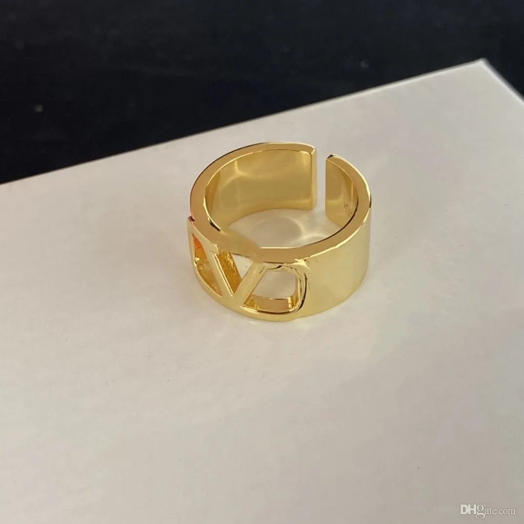 Gold V Letter Open Ring for Women 14k Gold Plated Brass Wedding Band Ring Size 6 7 8 9 Luxury Jewelry