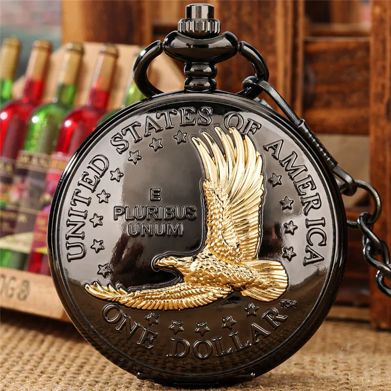 Vintage Style Pocket Watch Verenigde Staten One Dollar Eagle Men Men Women Quartz Analoge horloges met FOB Necklace Chain Roman Number Clock