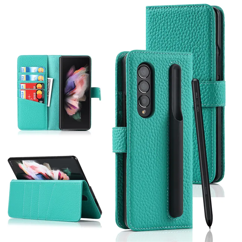 Folding Flip äkta Lychee -mönster lädertelefonfodral för Samsung Galaxy Z Fold3 5G flera kortplatser Plånbok Kickstand Protective Shell med penna slothållare