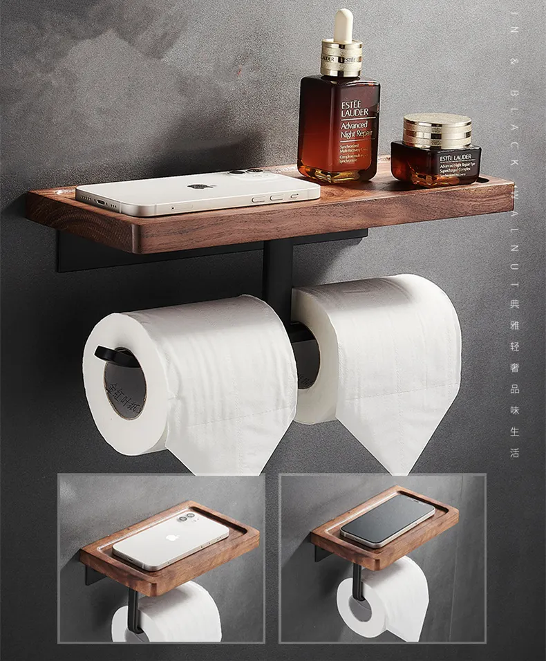 Juego de accesorios de baño de madera de nogal, toallero negro, soporte de  papel higiénico, barra