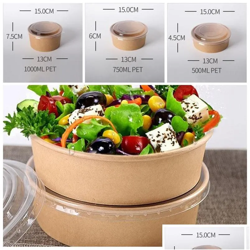 Engångsbeständare tar ut containrar engångsförpackningsbox sallad skål med lock matlagring containrar lunch kraft papper pack tak dhgarden dhk41