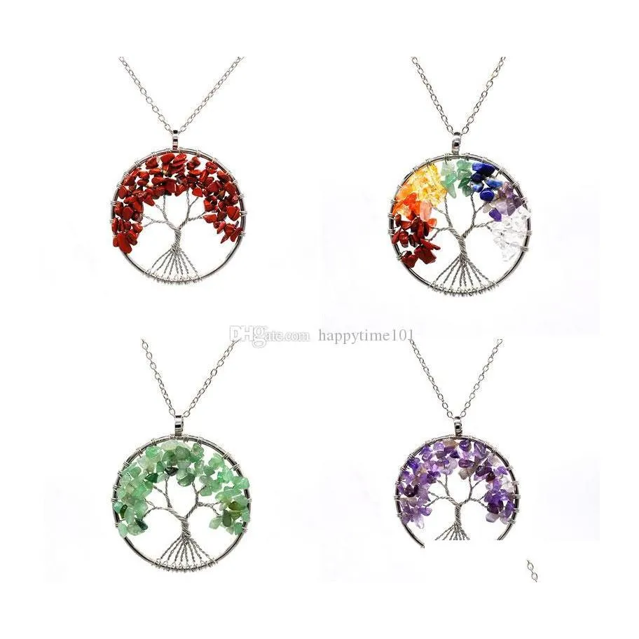 Pendant Necklaces Natural Stone Chakra Tree Of Life Quartz Pendant Necklaces For Men Women Sweater Chain Jewelry Gift Drop Delivery P Dhqxo