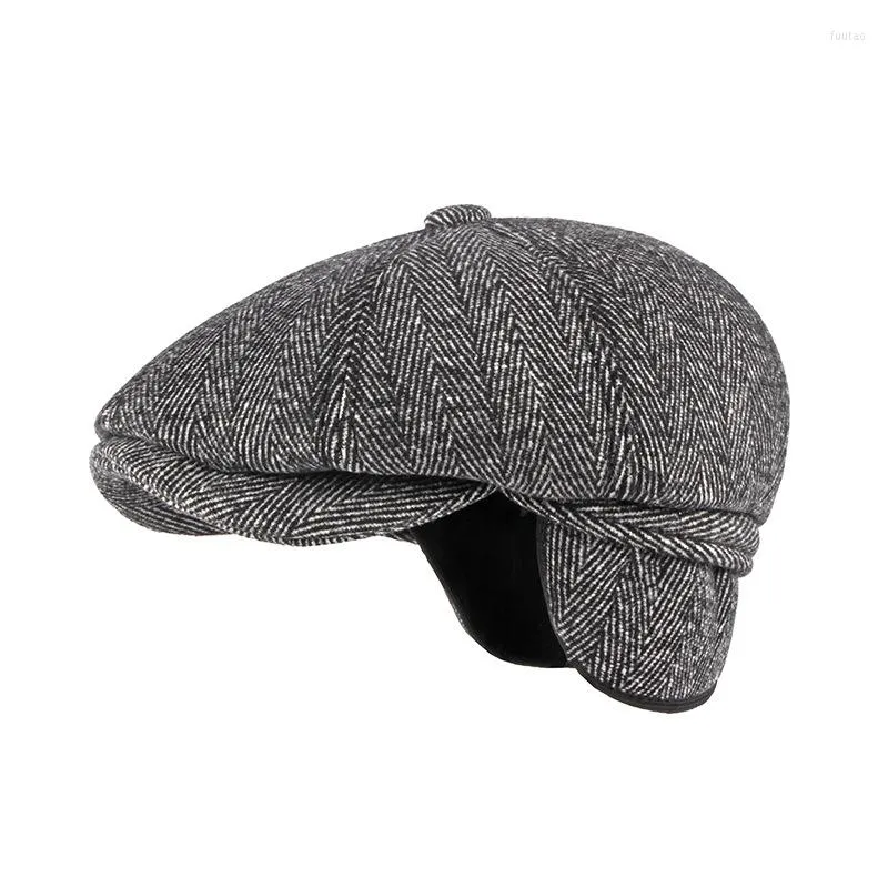 Berets oor flap mannen baret hoed buitenbescherming warme retro winter vizier achthoekige casual wollen vintage sboy dropship