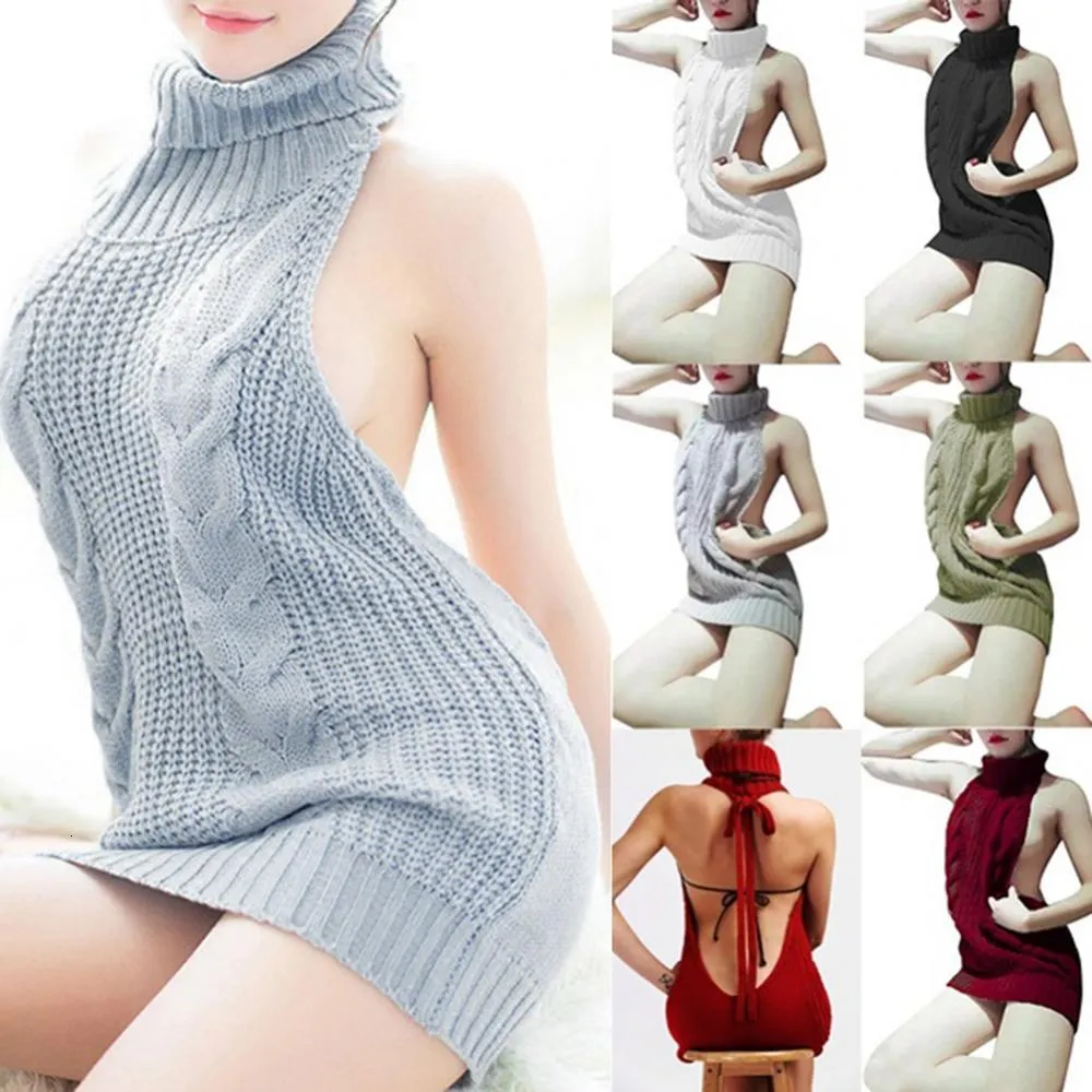 Pulls pour femmes Sexy Mode Dos Nu Sans Manches Col Roulé Pull En Tricot Virgin Killer Cosplay Robe Femme Jumper 221201