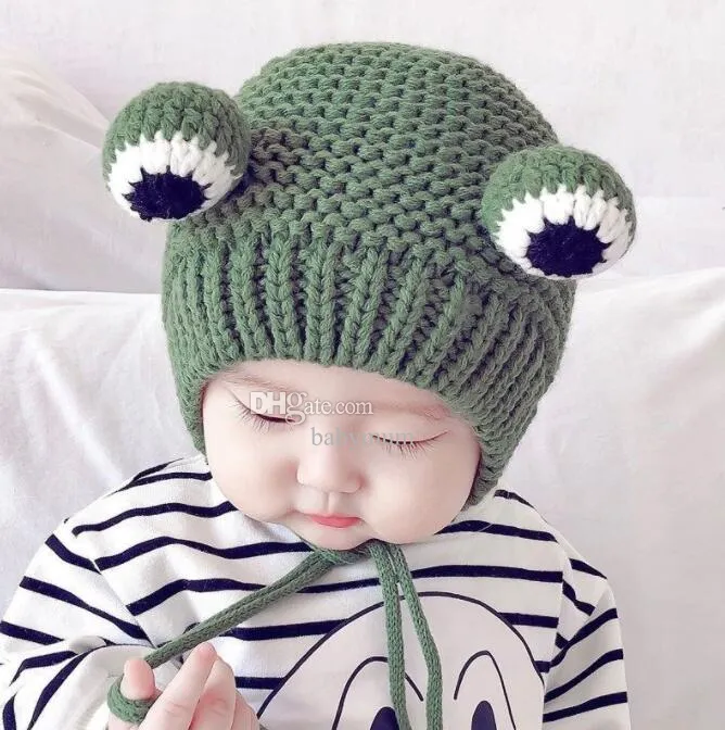 Nouvel enfant drôle tricoté au crochet dessin animé grenouille chapeau mignon polaire épais bonnet fait à la main bébé hiver chaud protection des oreilles casquette laine tricot infantile bonnets casquettes