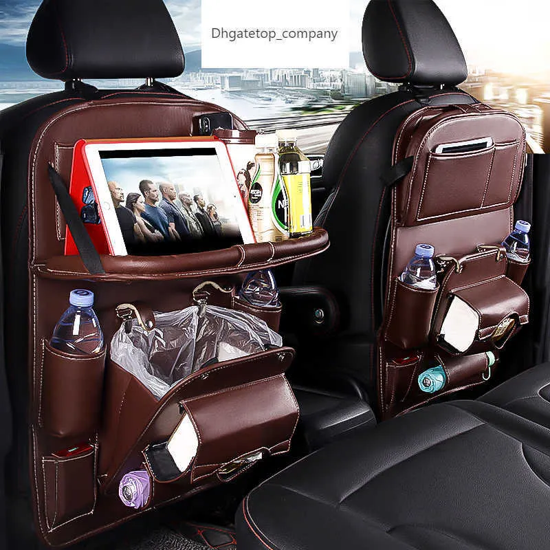 Pu Leather Car Seat Back Organizer Tray Travel Storage Pad Bag With Foldable Table Trash Can Auto Accessories