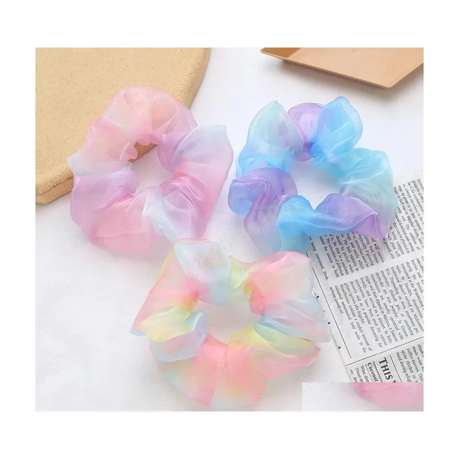 Bandes De Caoutchouc De Cheveux Tle Organza Chouchous De Cheveux Bandes Élastiques Titulaire De Queue De Cheval Fille Net Fil Cerceau Transparent Arc-En-Couleur Goutte Delive Dhdhk