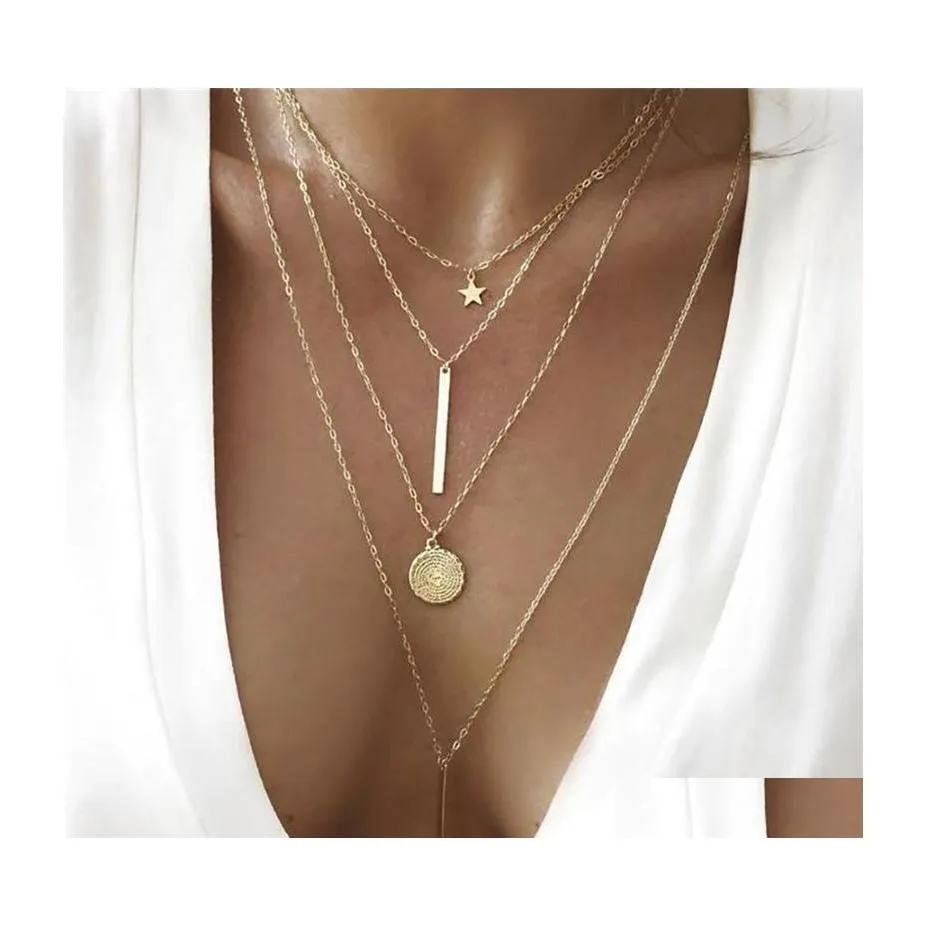 Pendant Necklaces Fashion Mtilayer Chain Metal Pendant Necklace For Women Boho Geometric Star Choker Gold Color Collier Femme Jewelr Dhnxs